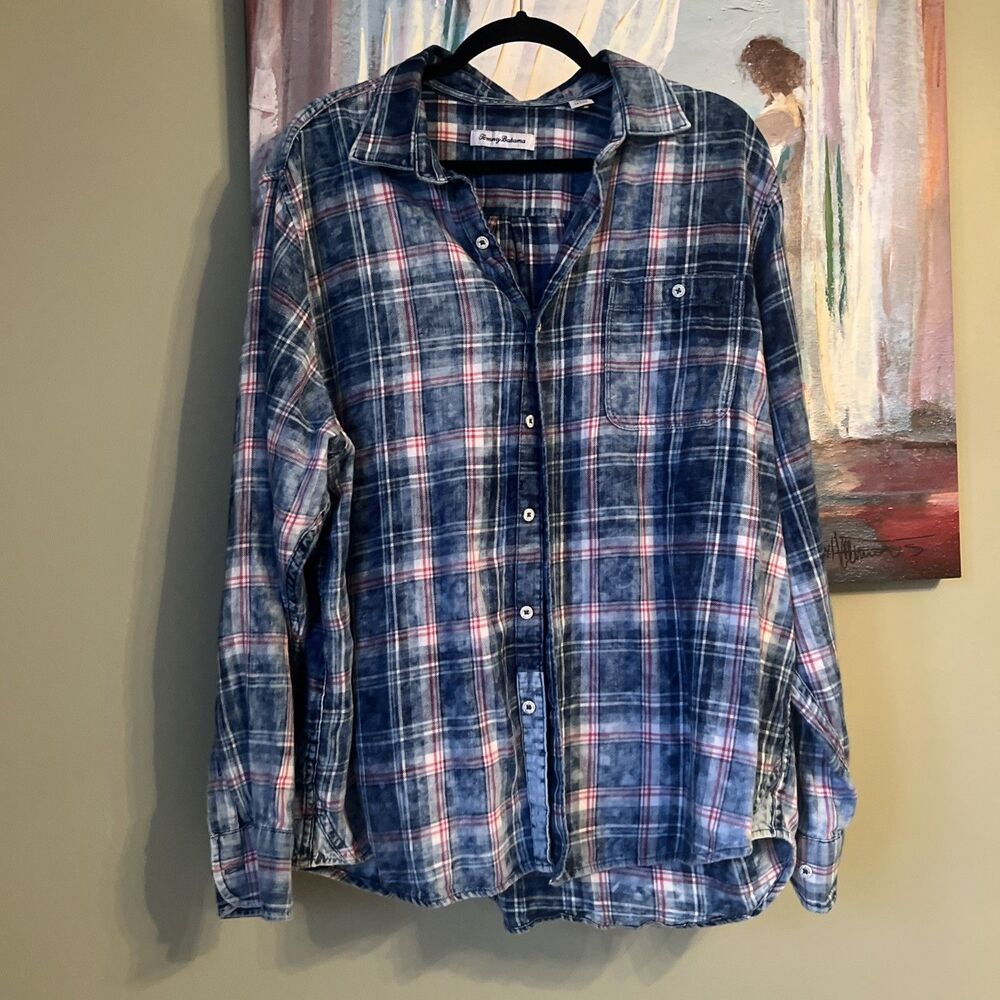 Tommy Bahama Mens Hazy Days Plaid Button Down Shirt in Indigo Sz XL